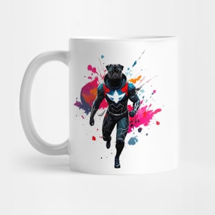 Confident and Commanding Pug in Black with Bold Red Metallic Superhero Suit Mug